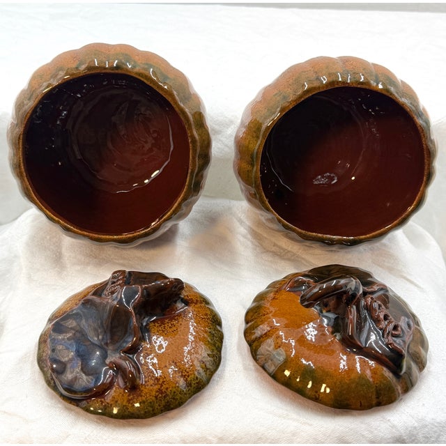 Ned Foltz Early 2000's Redware Thanksgiving Medium Lidded Pumpkin Bowls- Set of 5 For Sale - Image 12 of 12