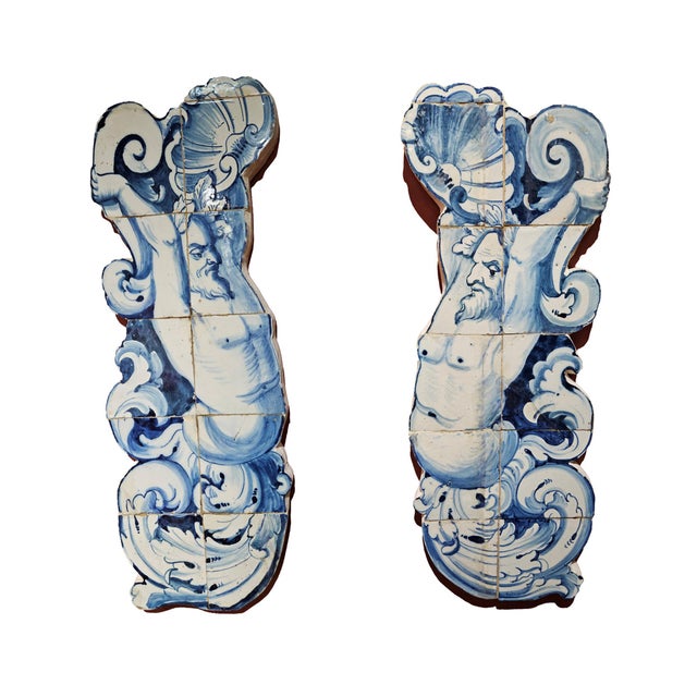 Ceramic Pair of 18th-Century Portuguese Azulejo Tile Mermen For Sale - Image 7 of 8