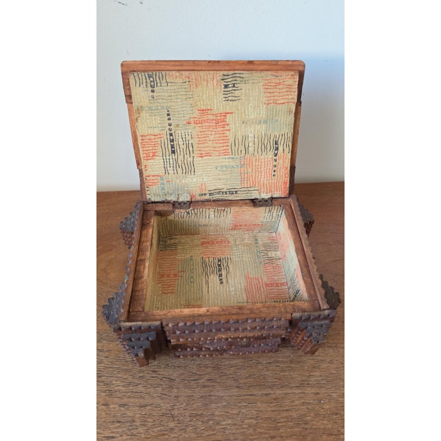 Vintage Tramp Art Wooden Box, Hand Carved Folk Art Jewelry Box, Layered Chip Carved Rustic Storage Box, Primitive Decor For Sale - Image 9 of 9