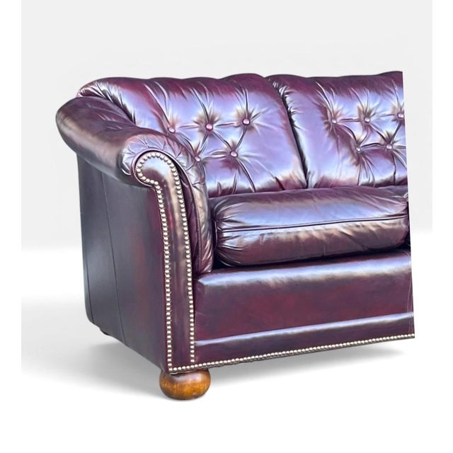 Wood 1980s Classic Oxblood Leather English Club Sofa With Tufted Back & Brass Trim For Sale - Image 7 of 11