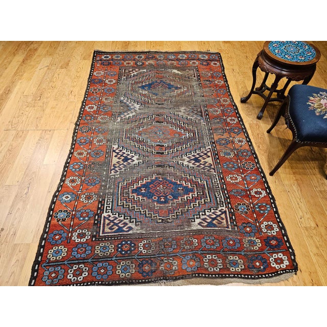 Antique Caucasian Karabagh Area Rug, Hand-Knotted Wool, Geometric Design, Ivory & Blue, 5x8 For Sale - Image 4 of 17