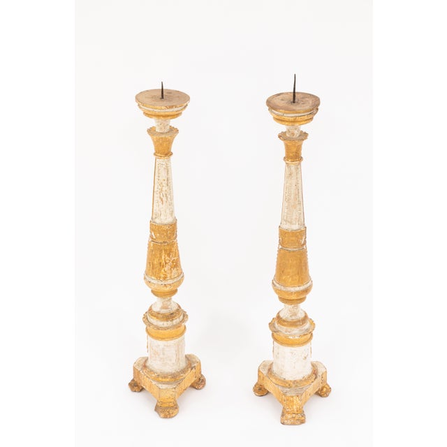 Pair of 18th Century Italian Painted and Parcel-Gilt Wood Pricket Candlesticks For Sale - Image 4 of 4