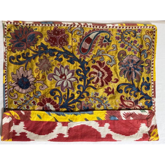 Folk Art 27” Uzbekistan Suzani Floral & Paisley Embroidered Silk Textile With Cotton Ikat Reverse For Sale - Image 3 of 12