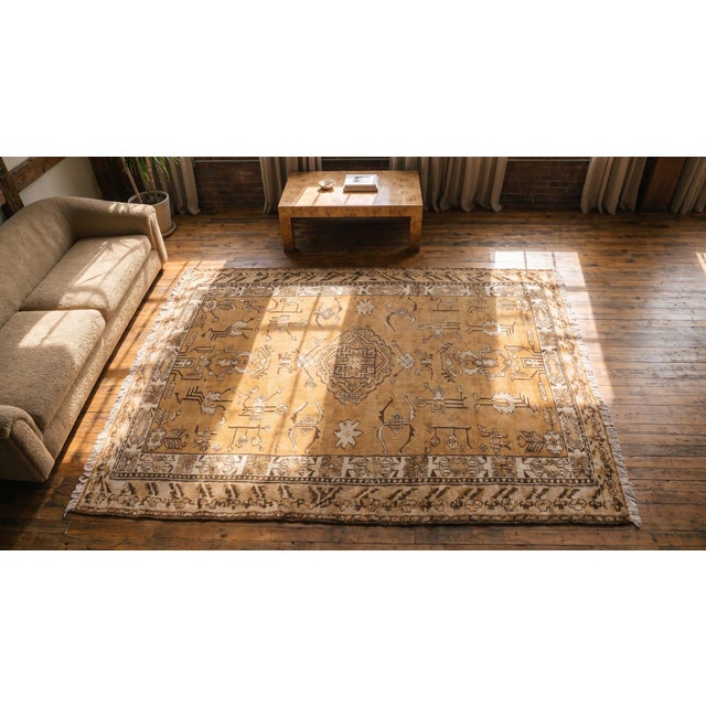Textile 1900s Tan Camel Medallion Antique Khotan East Turkestan Rug 4'4" X 8'9" Handknotted Wool Carpet For Sale - Image 7 of 7