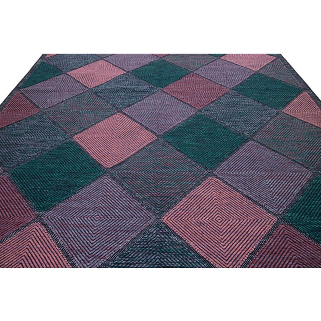 Geometric Modern Swedish Style Room Size Wool Rug in Green and Pink For Sale In New York - Image 6 of 8