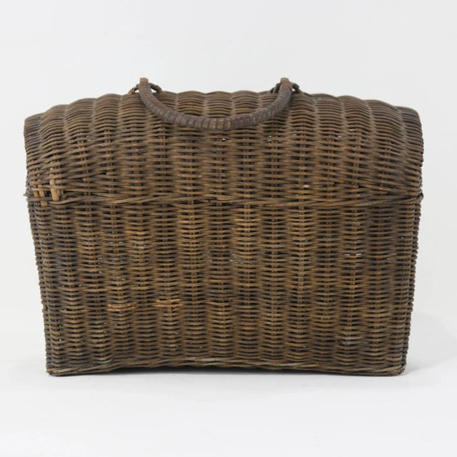 Wood Vintage Woven Rattan Picnic Basket With Handle & Lid – Handwoven Storage & Décor For Sale - Image 7 of 11