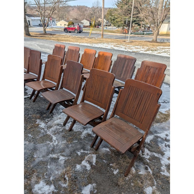 Wood Antique Quartersawn Oak Folding Chairs, Steamboat Theater Seating, Set of 12 For Sale - Image 7 of 18
