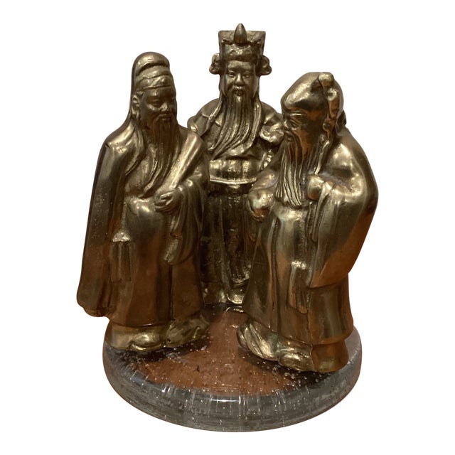Late 20th Century Fu, Lu, Shou Wise Men Heavy Brass Scholars Detailed Figurines For Sale
