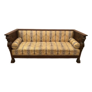 Early 20th Century French Empire Hand-Carved Mahogany Frame Damask Griffin Dragon Settee For Sale