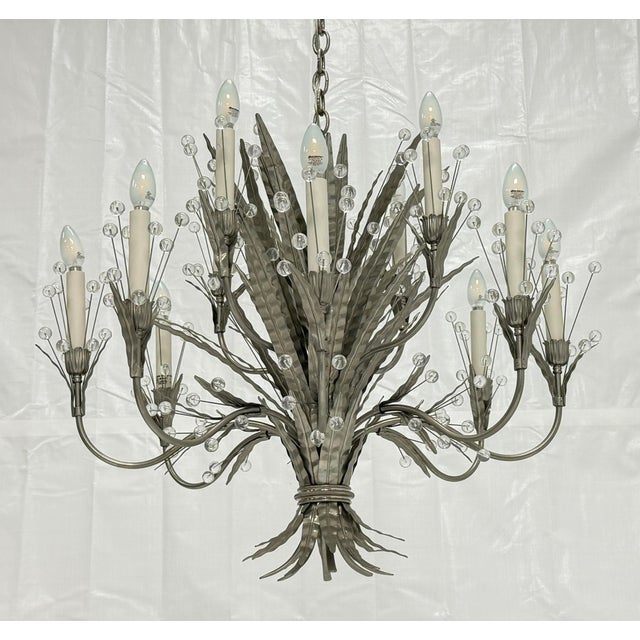 Metal Remains Lighting "Plume" Antique Nickel & Glass 12-Arm Chandelier, Labeled For Sale - Image 7 of 18