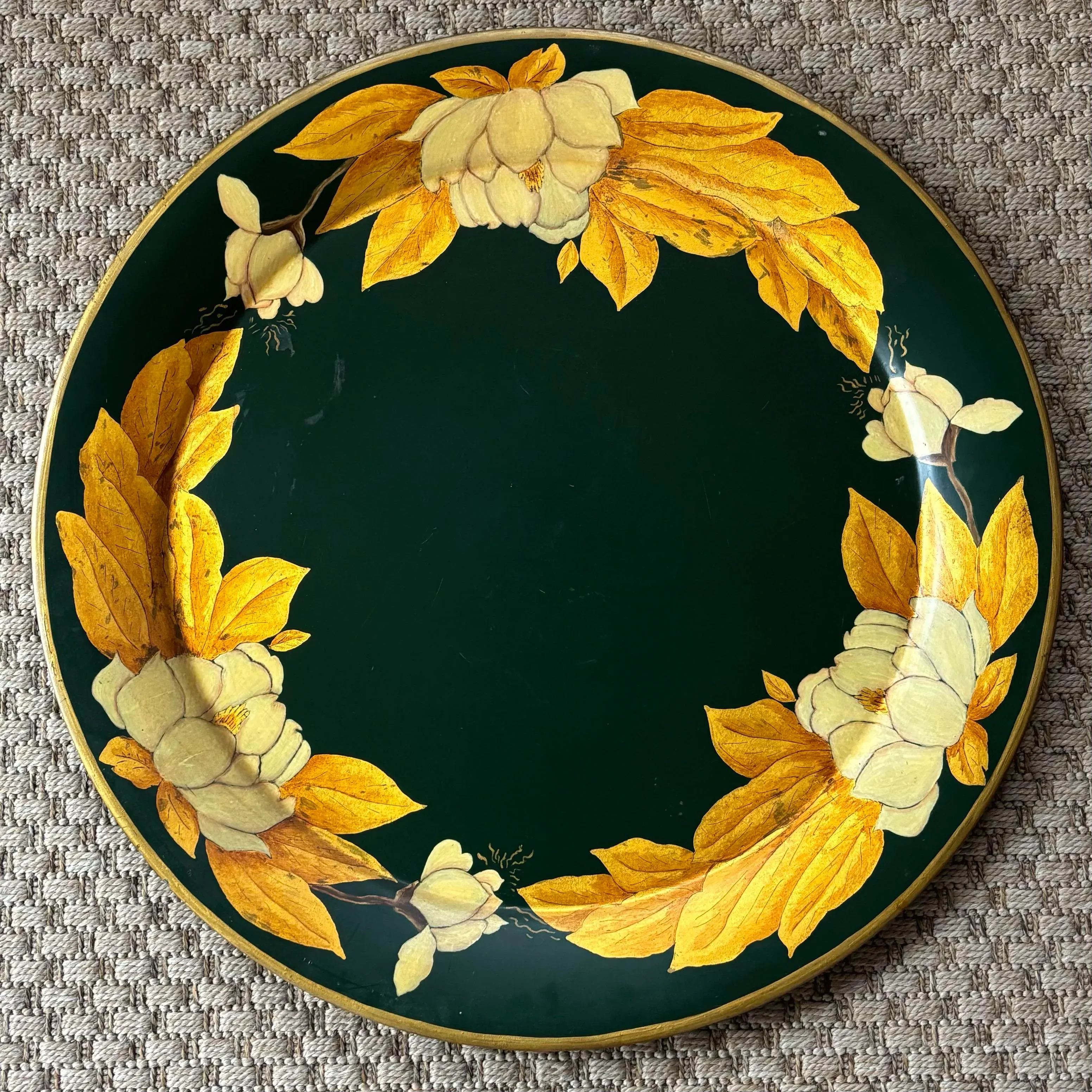 Large 1950s Art Nouveau Hand-Painted Gold Leaf Tole Tea Tray, One