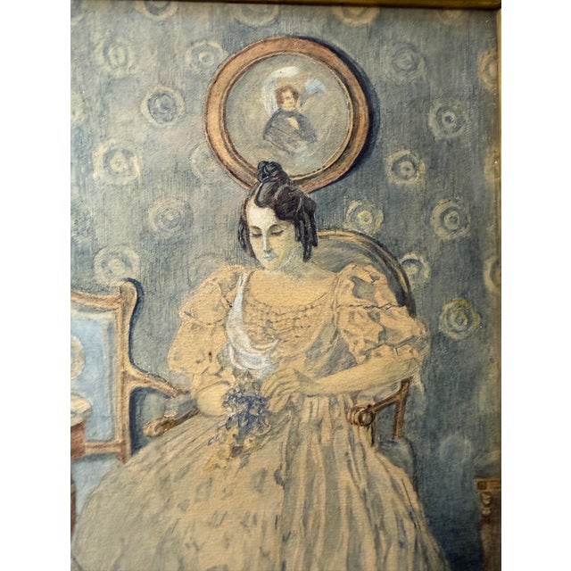 Antique 1917 Victorian Original Lady Woman With Flowers Watercolor Painting Art For Sale In New York - Image 6 of 10
