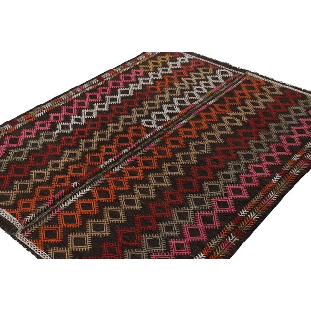 Traditional Handwoven Vintage Turkish Kilim Rug in Brown, Multicolor Embroidery Geometric Pattern For Sale - Image 3 of 6