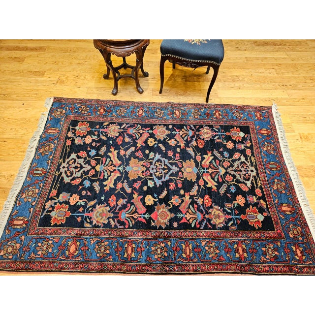 1900 - 1909 Antique Persian Malayer Rug, Hand-Knotted Wool, Geometric Pattern, 5x7, Navy and Green For Sale - Image 5 of 16