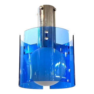 Veca of Italy 1970s Chrome & Blue Glass Panel Pendant or Ceiling Mount Light For Sale