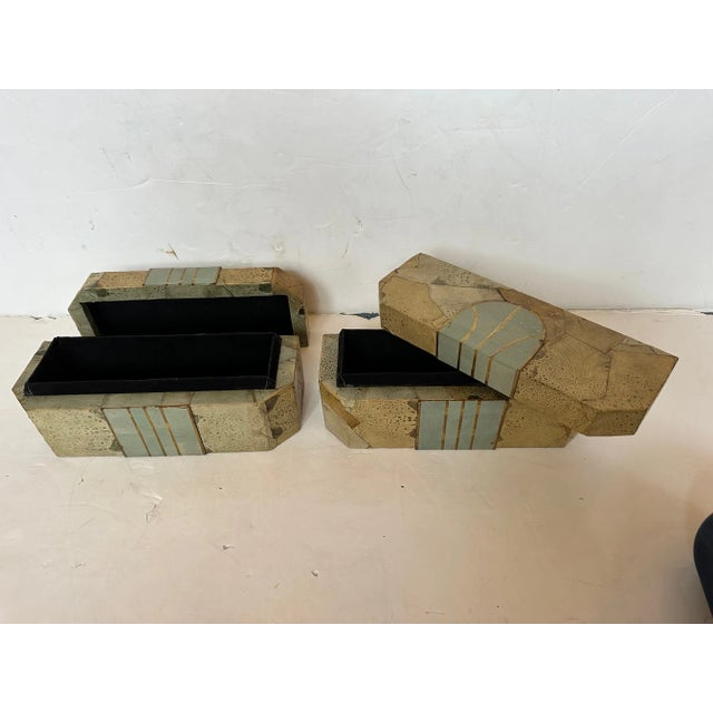 Tan Leather Lidded Boxes & Embossed Seafoam Green Enamel -A Pair For Sale - Image 8 of 9