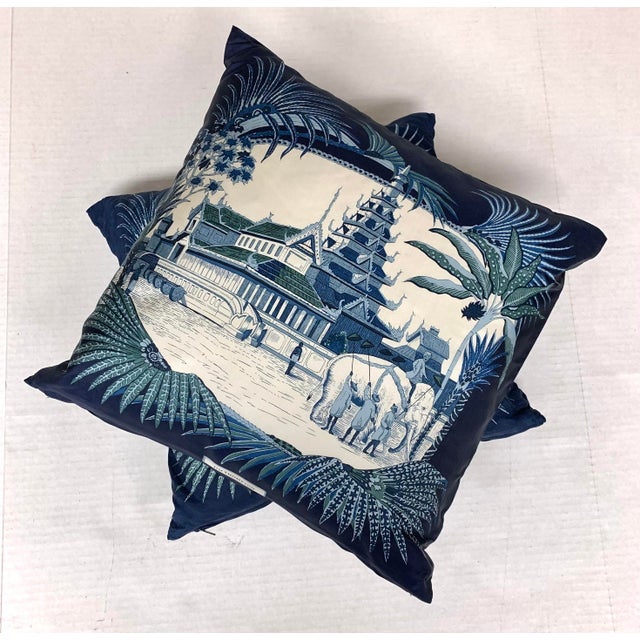 Pair of 100% Thai silk fabric pillow covers by Jim Thompson featuring a Chinoiserie theme design in tones of blue and...