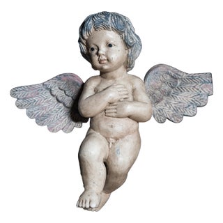 Antique Wood Carved Cherub Statuette For Sale