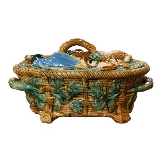 Vintage English Hand-Painted Minton Style Majolica Game Pie Tureen With Lid For Sale
