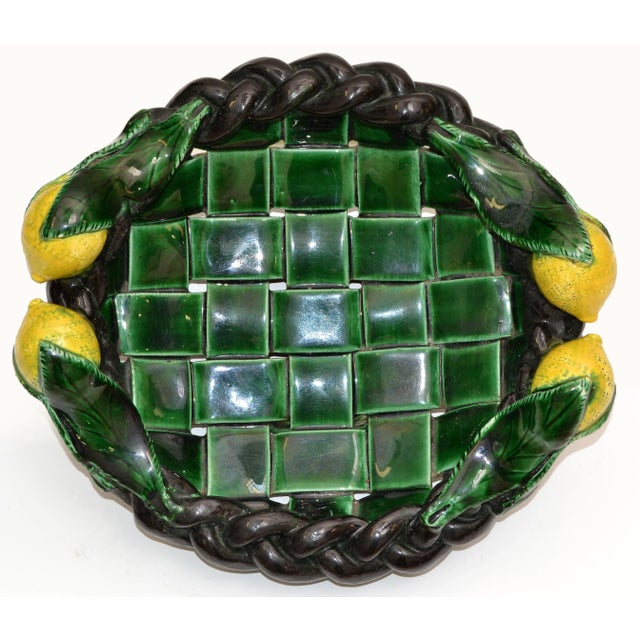 Vallauris Marked Vallauris France Ceramic Lemon Basket Green & Yellow Mid-Century Modern For Sale - Image 4 of 13