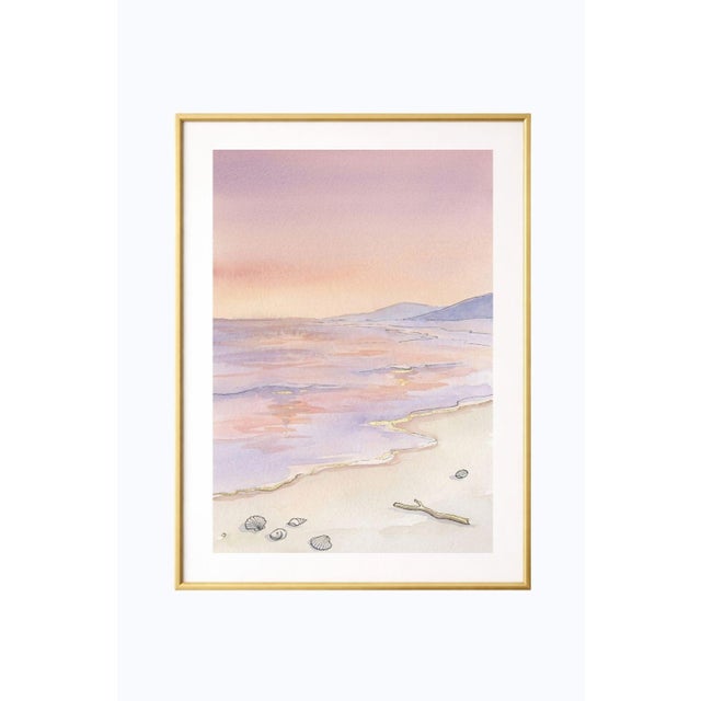Minimalist coastal artwork featuring a soft shoreline with pastel sunset tones, gentle waves, and delicate linework...