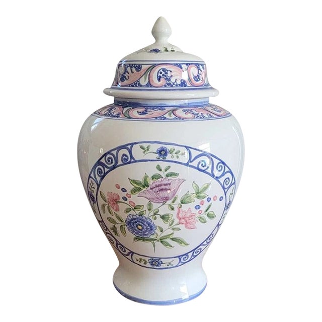 Vintage MCM Portugal Pink Blue Floral Scrolls 14" Canister Ginger Jar For Sale