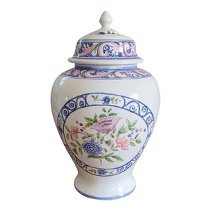Vintage MCM Portugal Pink Blue Floral Scrolls 14" Canister Ginger Jar