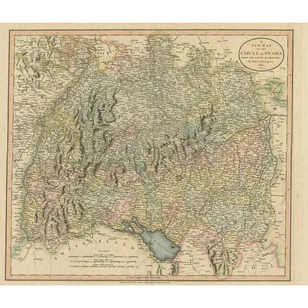 Antique map titled 'A New Map of the Circle of Swabia'. Antique map of Swabia in Southwestern Germany. Covers from the...
