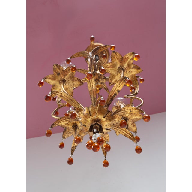 Small Italian Chandelier in Gilt Metal with Leaves and Flowers, 1960 For Sale - Image 4 of 8