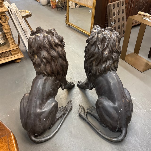 French Pair of Patinated Bronze Lions For Sale - Image 3 of 7