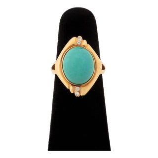 Vintage Modernist 14k Yellow Gold Turquoise Diamond Ring For Sale
