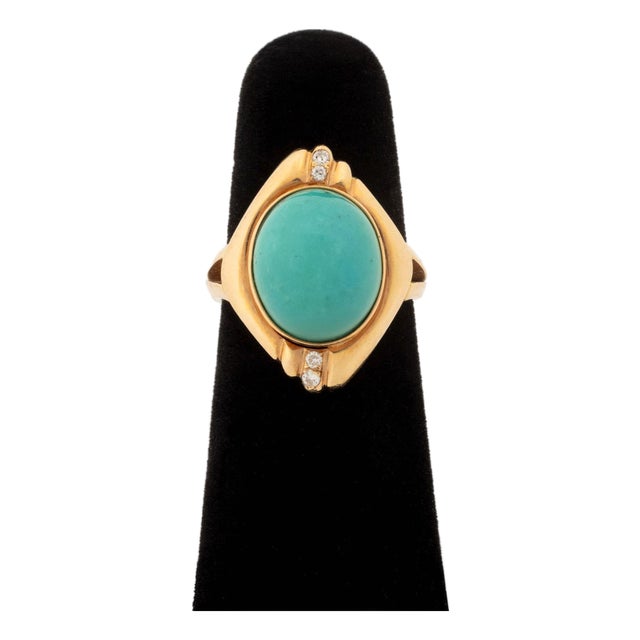 Vintage Modernist 14k Yellow Gold Turquoise Diamond Ring For Sale