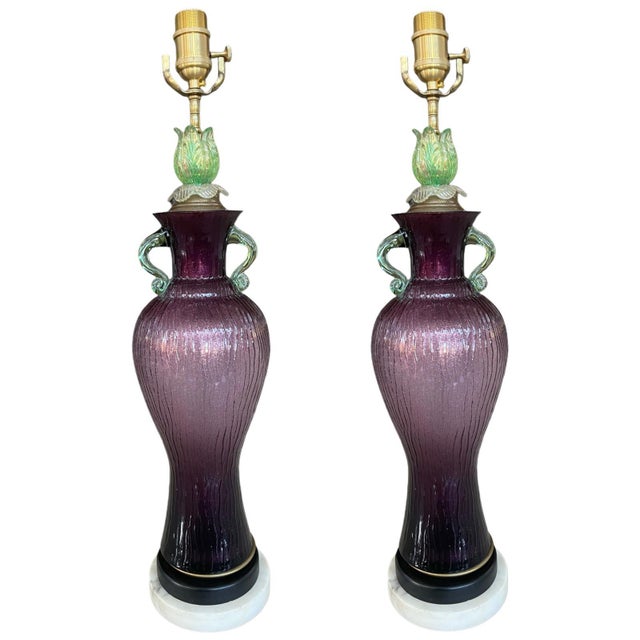 Metal Italian Amethyst Art Glass Table Lamps, 1960s, Set of 2 For Sale - Image 7 of 7