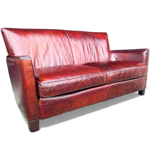 Wood Rich Burgundy Vintage Leather Sofa With Beautiful Patina & Timeless Form - By Crate and Barrell For Sale - Image 7 of 17