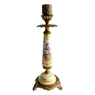 Antique Victorian Signed Porcelain & Brass Sevres Candle Holder, Painted Lady For Sale
