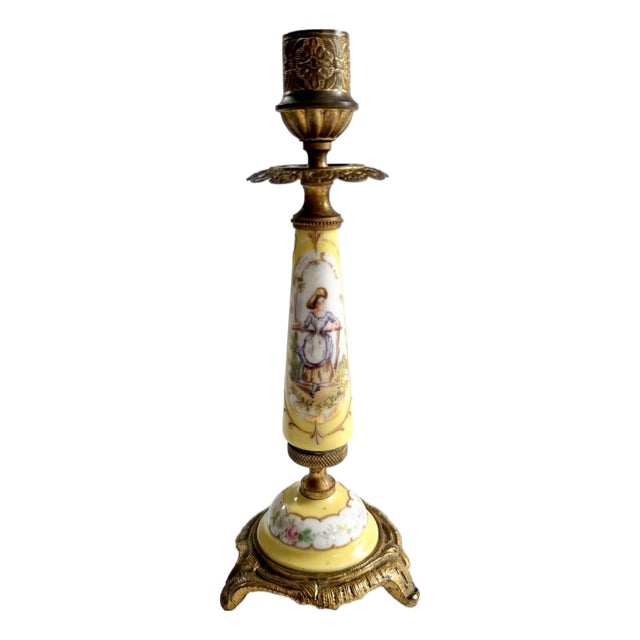 Antique Victorian Signed Porcelain & Brass Sevres Candle Holder, Painted Lady For Sale