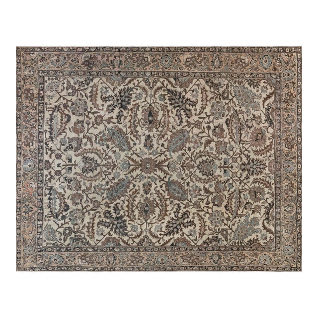 Authentic 1900s Tabriz Ivory, Blue and Brown Handmade Wool Rug For Sale