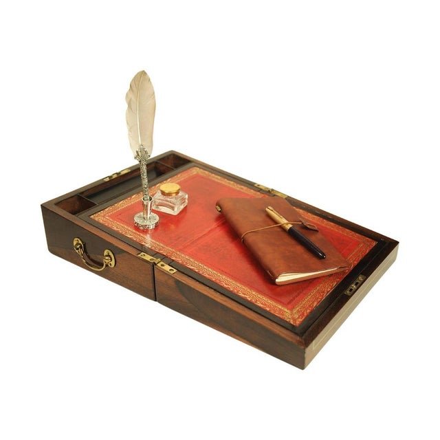 Victorian Rosewood Writing Slope with Brass and Leather Inlay, UK, 1880, Set of 5 For Sale - Image 10 of 13