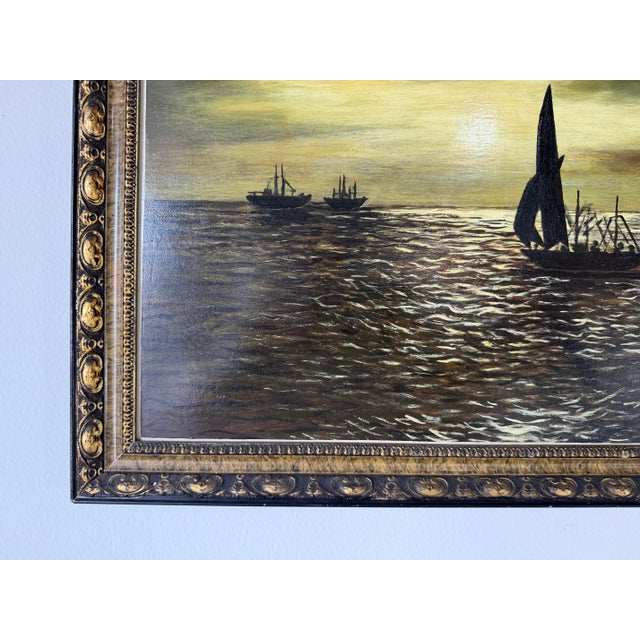 Wood 1980s Vintage S. A. Hasan Ocean Boats Seascape Oil on Masonite Painting, Framed For Sale - Image 7 of 11
