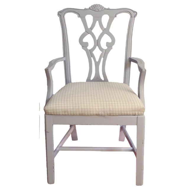 Chippendale 20thC Painted Chippendale-Style Armchairs, Pale Gray/ Taupe Gingham Seats - A Pair For Sale - Image 3 of 8