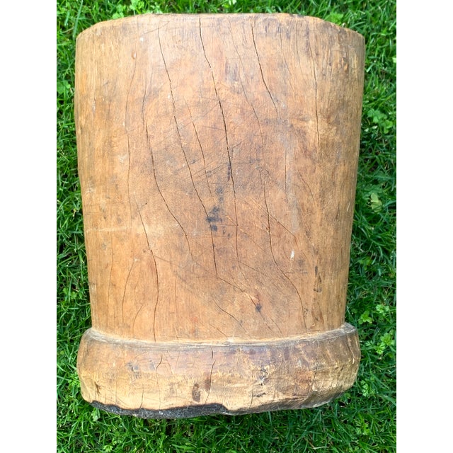 Wood Antique Rustic Wooden Mortar Primitive Vessel For Sale - Image 7 of 12