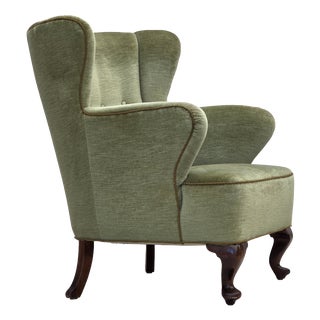 Scandinavian Armchair in Green Furniture Velour and Oak Wood Legs, 1960s For Sale