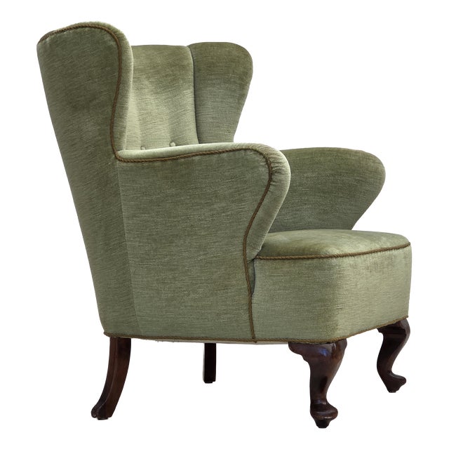 Scandinavian Armchair in Green Furniture Velour and Oak Wood Legs, 1960s For Sale