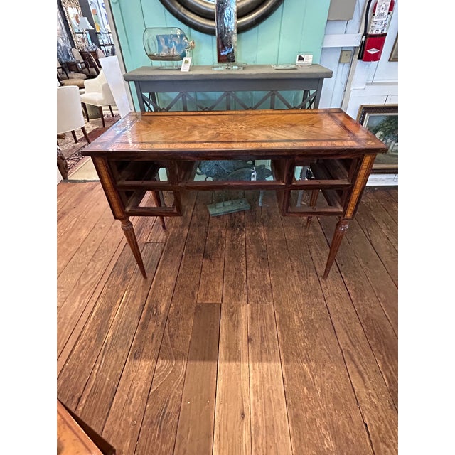 Neoclassical Mixed Wood Marquetry Italian Antique Writing Desk For Sale - Image 14 of 14