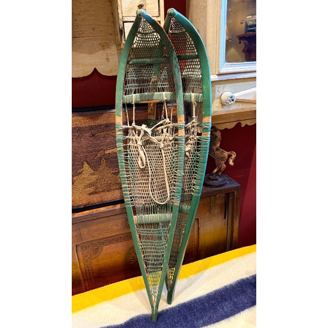 Antique Early 20th Century Cree Snowshoes With Babiche Lacing Green Paint For Sale - Image 9 of 11