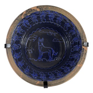Spanish Hand-Painted Ceramic Lebrillo with Dog For Sale