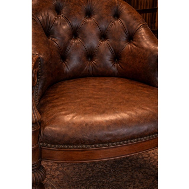 Coffee Set of 4 Late 20th Century English Regency Revival Tufted Leather Library Club Chairs With Carved Wood Arms For Sale - Image 8 of 10