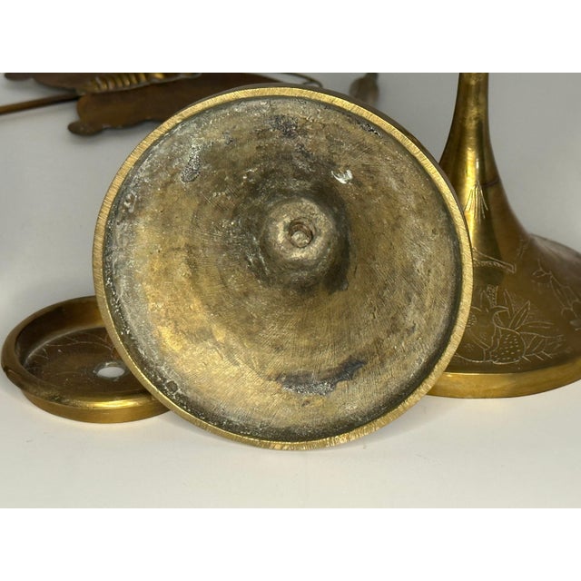 Antique Brass Butterfly Candlestick Holders: Oriental Floral Etched Decor For Sale - Image 6 of 10