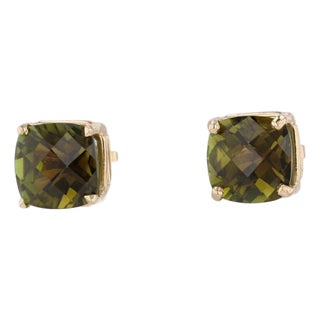 8.20ctw Green Tourmaline Stud Earrings 14k Yellow Gold Cushion Solitaire Studs For Sale