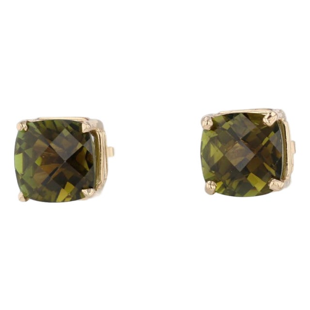 8.20ctw Green Tourmaline Stud Earrings 14k Yellow Gold Cushion Solitaire Studs For Sale